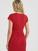 Red cap-sleeve ruched waist bodycon midi dress, back view on white background — Daisy by Credo Nera.
