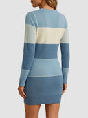 Blue and cream striped knit mini dress, back view on a white background.