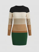 Black, cream, tan, brown, and green striped knit mini dress with long sleeves, front view.
