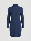 Navy blue ribbed knit turtleneck mini dress with long sleeves, front view on white background.
