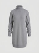 Grey ribbed knit turtleneck mini dress with long sleeves and ribbed hem band, front view on white background.