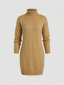 Khaki camel ribbed knit turtleneck mini dress with long sleeves, front view on white background.