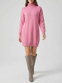 Pink long sleeve ribbed knit mini jumper dress with chunky turtleneck, front view on model.