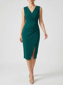 Emerald green sleeveless V-neck bodycon midi dress with ruched waist and side slit, front view on white background.