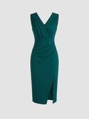 Teal-green sleeveless V-neck ruched bodycon midi dress with pleated bodice and side slit, front view.