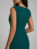 Teal-green bodycon midi dress, back view showing concealed zip and pleated shoulder detail.