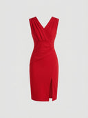 Red sleeveless V-neck ruched bodycon midi dress with side slit, front view on white background.