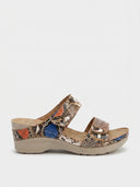 Snake print two-strap wedge sandals in multi-tone brown and cream, side view on white background.