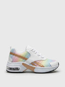 Cushioned women's trainer in Mixed colourway — white synthetic leather panels, pastel rainbow iridescent mesh, gold accent stripe, visible air-cushion heel pod, side view.