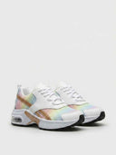 Cushioned women's trainer in Mixed colourway — iridescent rainbow mesh with gold accent panelling and white air-cushion sole, three-quarter front view on white background.