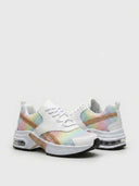 Cushioned women's trainer in Mixed colourway — white lace-up trainer with rainbow mesh overlay and gold stripe detailing, angled rear-quarter view.