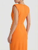 Orange midi dress with cap sleeves and back zipper, rear view.
