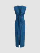 Teal midi dress with deep V-neck, knotted front, and front slit, front view.