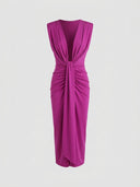 Magenta midi dress with deep V-neck and ruched knot detail, front view on white background.