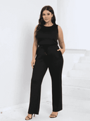 Black sleeveless jumpsuit with drawstring waist and wide legs, front view on white background.