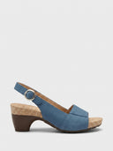 Blue cork platform slingback sandal with wooden block heel and open toe, side view on white background.