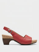 Red leather block heel sandals with cork sole and slingback strap, side view.