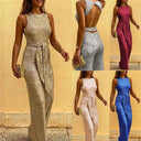 Gold sequin jumpsuit with tie waist, front view.