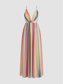 Delilah rainbow striped maxi dress with deep plunging V-neck and spaghetti straps, full front view on white background.