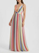 Delilah multicolour striped maxi dress with deep V-neckline and cinched banded waist, angled front view on white background.
