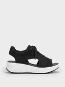 Black mesh open-toe lace-up platform sandals with white cushioned platform sole, side view on white background.