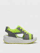 Neon green open-toe lace-up platform sandals with breathable mesh upper and white chunky sole, side view.