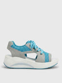 Blue and grey open-toe lace-up platform sandals with breathable mesh upper and chunky white sole, side view.