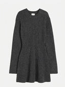 Dark gray ribbed midi dress with long sleeves, front view on white background.