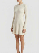 Cream ribbed long sleeve midi dress with flared skirt, front view.
