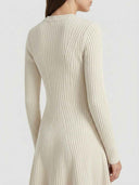 Cream ribbed long-sleeve midi dress, back view on a white background.
