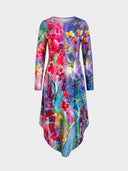 Watercolor floral mini dress with long sleeves and scoop neck, front view on white background.