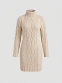 Beige cable knit turtleneck mini dress with long sleeves, front view on a light background.