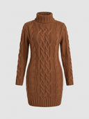 Brown cable knit turtleneck mini dress with long sleeves, front view on a white background.