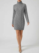 Gray cable knit turtleneck mini dress with long sleeves, front view on a light background.