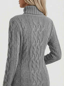 Gray cable knit turtleneck mini dress with long sleeves, back view, on a white background.