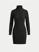 Black cable knit turtleneck mini dress with long sleeves, front view on white background.