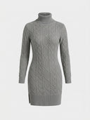 Gray cable knit turtleneck mini dress with long sleeves, front view on white background.