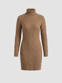 Brown cable knit turtleneck mini dress with long sleeves, front view on white background.