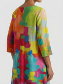 Back view of gradient abstract print midi dress with V-neck.