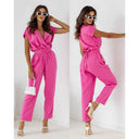 Pink tie-waist jumpsuit with V-neck and short sleeves, shown from front and side on white background.