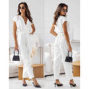 White tie-waist jumpsuit with V-neck, front and back views.