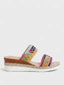 Mixed-colourway embroidered espadrille wedge sandal with multicolour geometric wide strap and rope-jute trim sole, side view on white background.