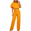 Orange round neck jumpsuit with short sleeves and waist tie, front view.