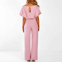 Pink jumpsuit with keyhole back and wide legs, back view on white background.