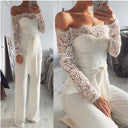 White off-shoulder lace-accent jumpsuit with tie waist, shown from front and angled views.