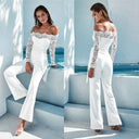 White off-the-shoulder lace jumpsuit with tie waist, front and back views.