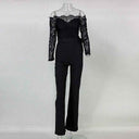Black off-shoulder lace jumpsuit with long sleeves and tie waist, front view on white background.
