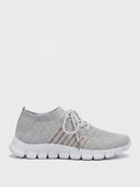 Light grey mesh lace-up trainer with white sole and rose-gold reflective stripe, side view.