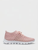 Pink mesh lace-up trainer with white segmented cushioned sole, side view on white background.