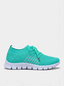 Teal mesh lace-up trainer with white cushioned sole and diagonal reflective stripe, side view on light background.